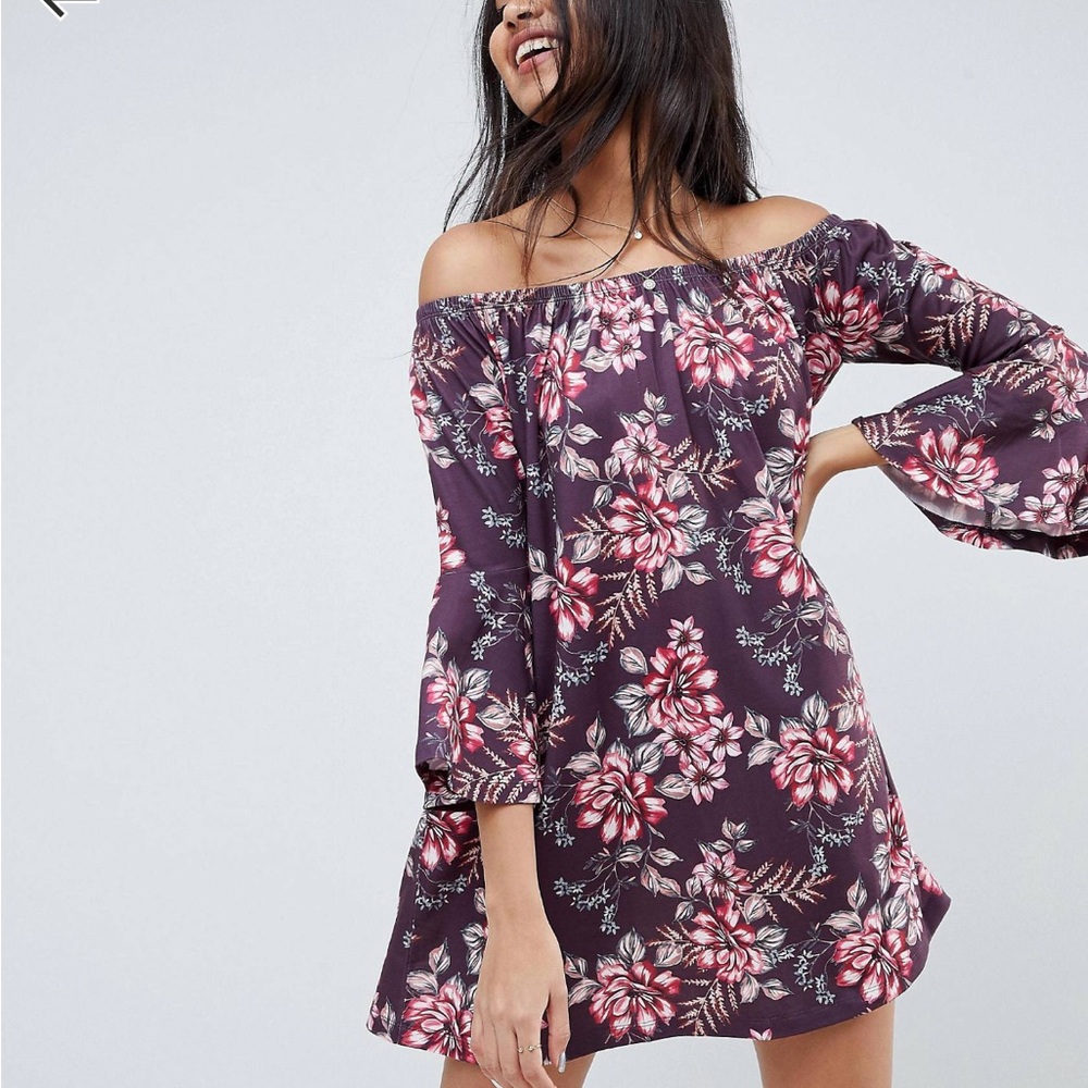 ASOS DESIGN off shoulder mini dress with trumpet sleeve in floral print